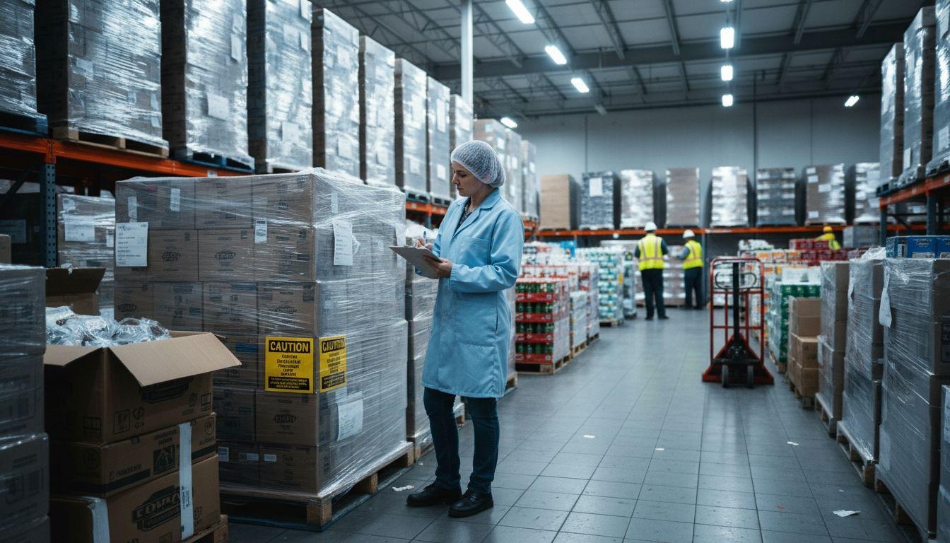 Food safety professional inspecting supplier deliveries in a food warehouse
